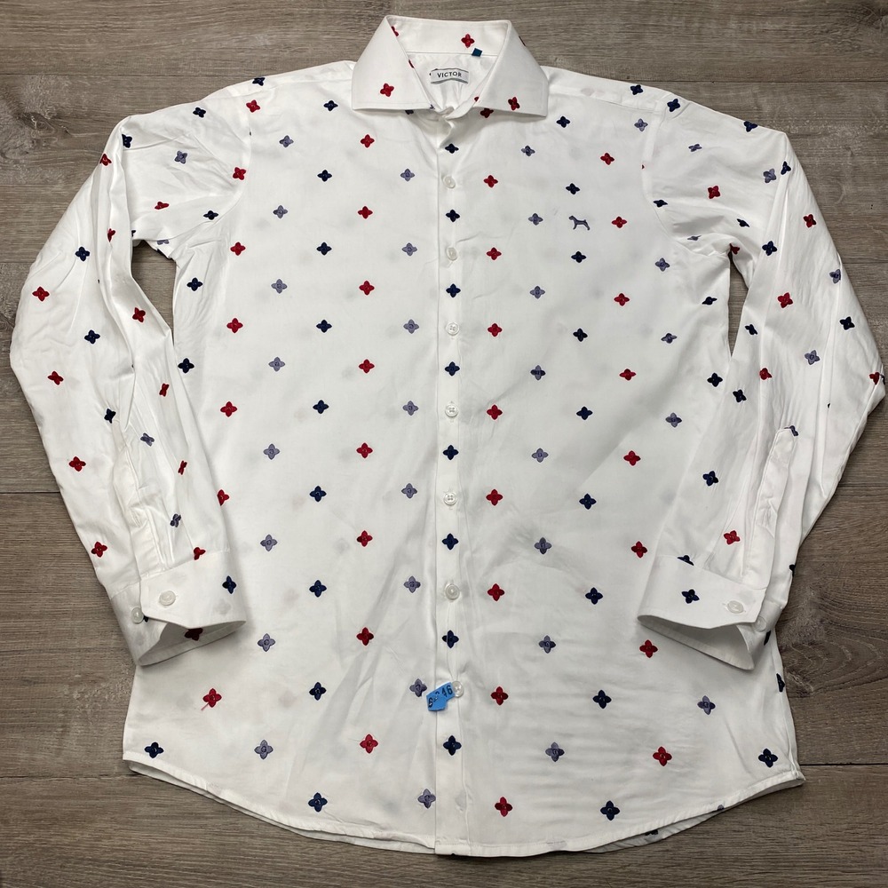 Victor Button Down Shirt Mens M White Red Blue Floral Embroidered Long Sleeve